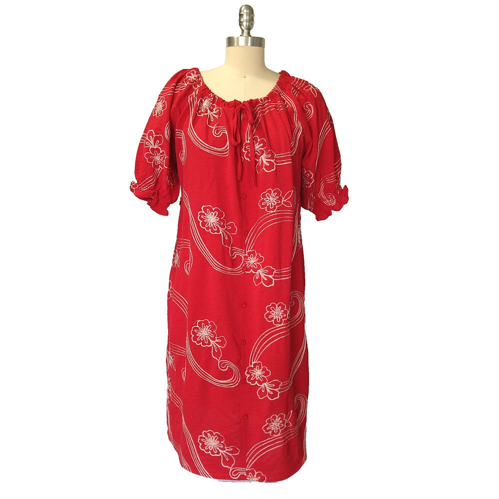 Kindred Women's Red Dress Size XL Short Sleeve Peasant Embroidered Metallic